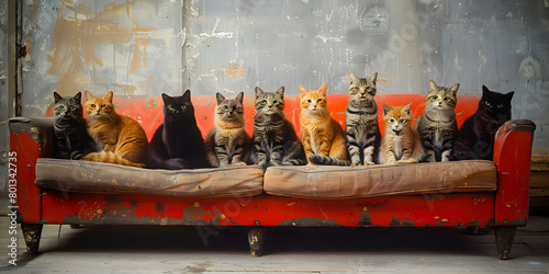 Illustration os a cute group of cats sitting in a couch