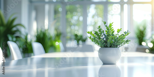 Close up of a white table with green plants in a modern office conference room  Generative AI