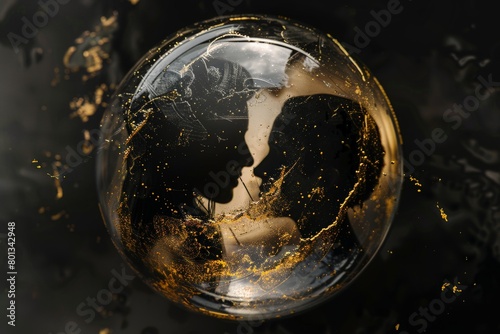 Illustrate a man and a woman trapped inside a bubble, with the bubble itself colored in black and gold. The contrast between the dark black and the shimmering gold.