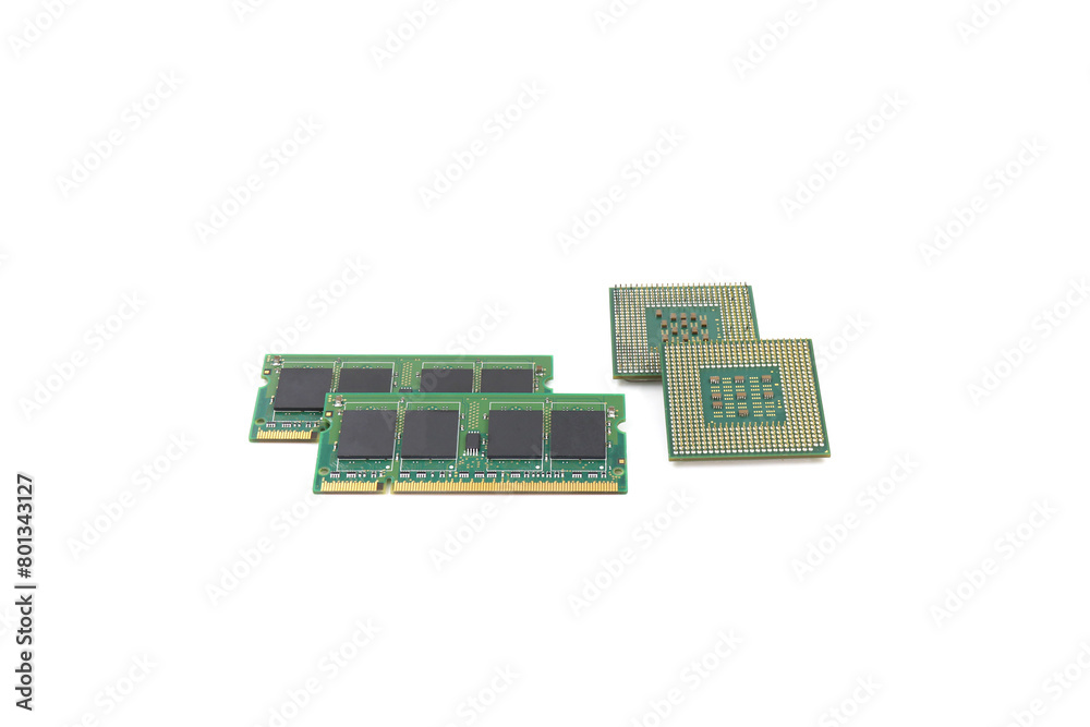 CPU and RAM isolated on a white background. CPU and RAM for a laptop. Set of RAM and processor. CPU and RAM isolated on a white background. CPU and RAM for a laptop. Set of RAM and processor.