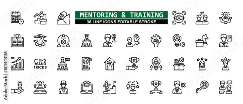 36 Mentoring and Training Line Icons Set Pack Editable Stroke Vector Illustration.