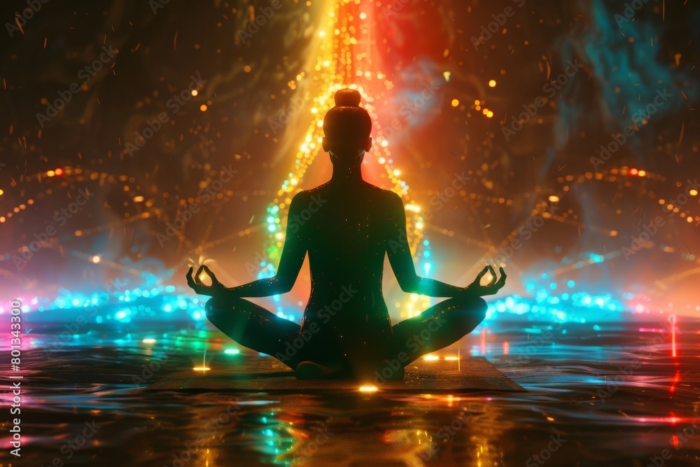 Illustrate a person meditating and reaching Moksha, achieving electro ...