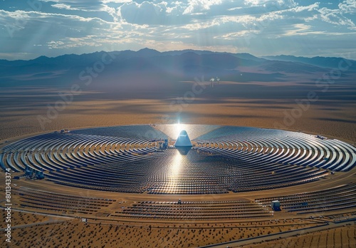 An aerial perspective captures a solar thermal power plant 