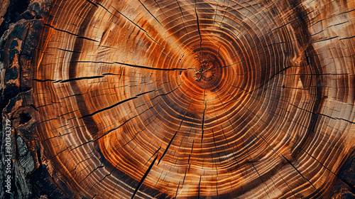 A closeup of a tree stump displaying the annual rings, showcasing the symmetry and patterns of this natural material. The circle patterns tell the story of the terrestrial plants growth over time photo