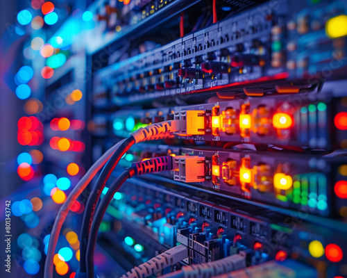 Corporate firewall hardware being installed in a data center, cables and lights