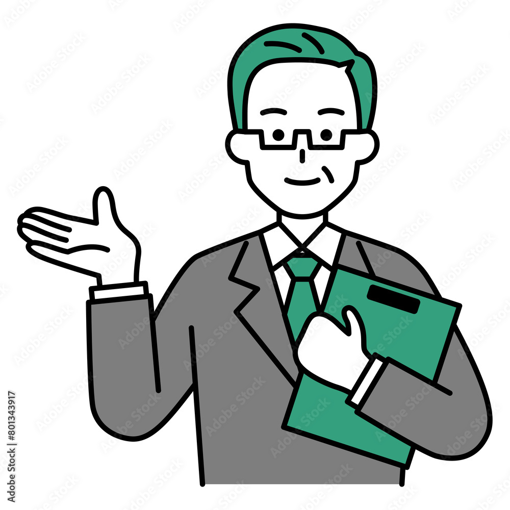 クリップボードを持って説明する年配のスーツの男性