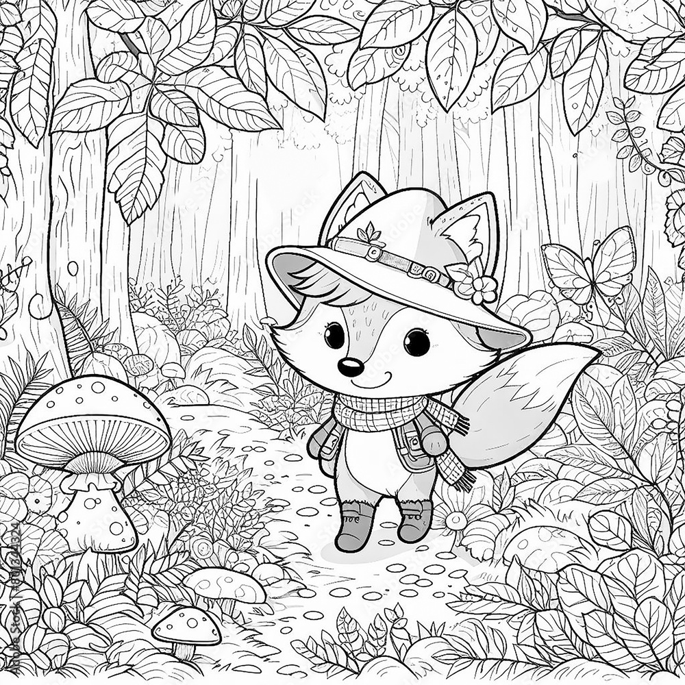 Fox  autumn forest coloring page. generative ai