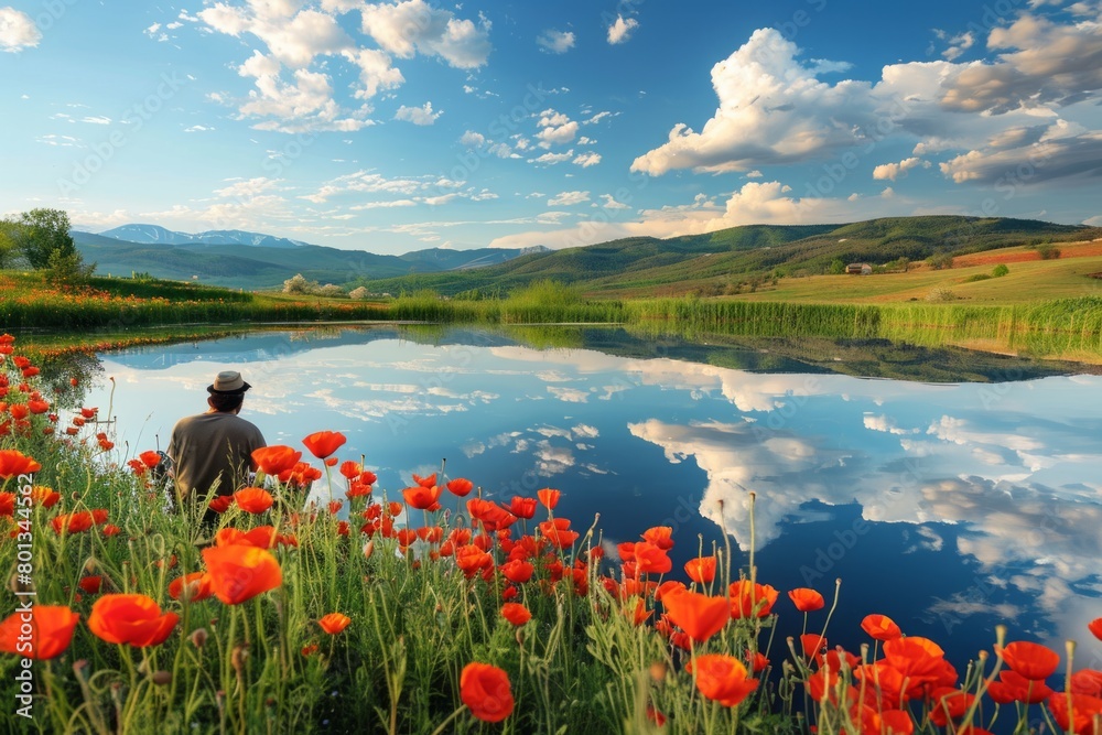 Harmony with Nature: A Man Rests in a Field of Red Flowers, Immersed in the Serenity of the Lake's Reflections.