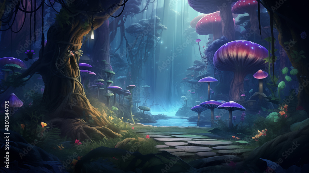 Surreal forest pathway under glowing mushrooms in a mystical digital art landscape