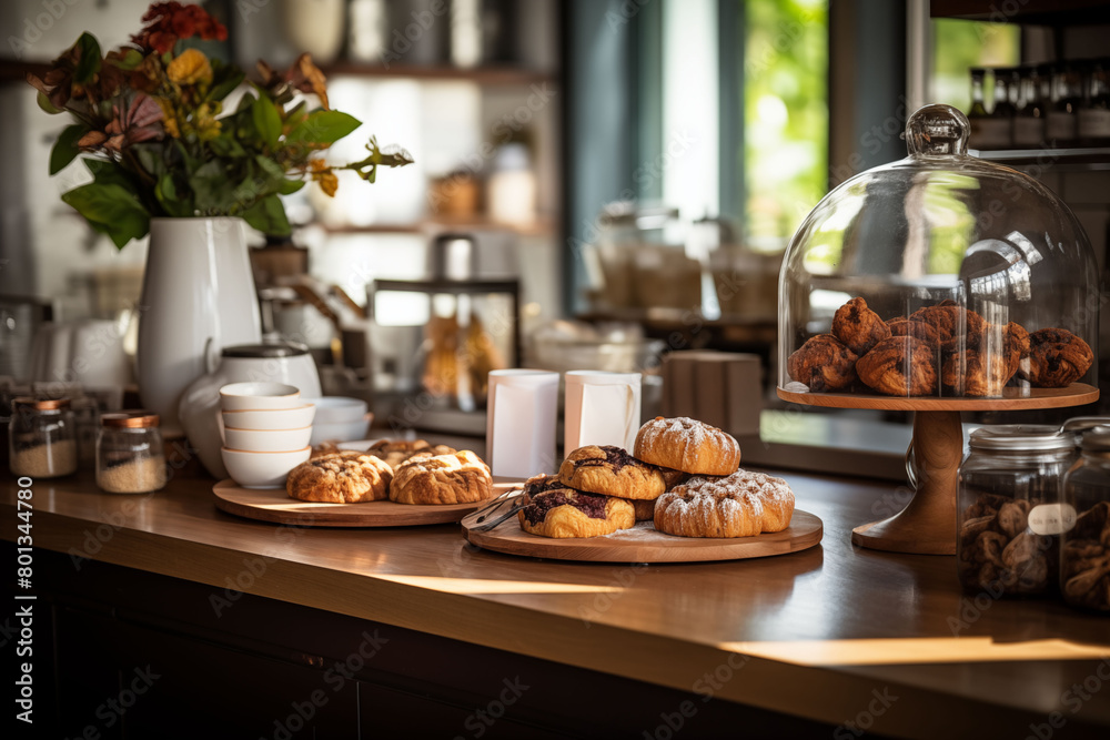 Inviting coffee shop counter with an assortment of pastries and freshly brewed coffee