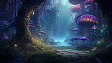 Surreal forest pathway under glowing mushrooms in a mystical digital art landscape
