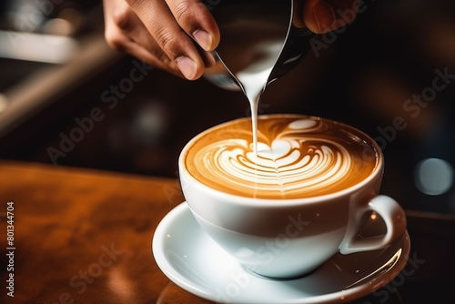 Close-up of a skilled barista pouring latte art into a cup of freshly brewed coffee