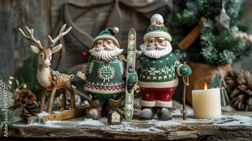copy space, stockphoto, A pair of Santa Claus figurines holding skis and snowboards, wearing green sweater, holding a candle in the left hand, with a Christmas tree and reindeer. Rustic style decorati