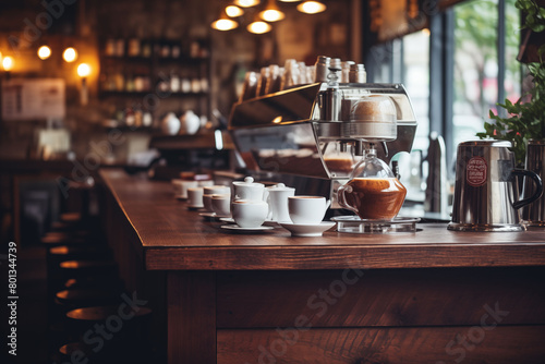 Cozy coffee shop interior with rustic decor and steaming cups of espresso on the counter