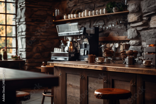 Cozy coffee shop interior with rustic decor and steaming cups of espresso on the counter