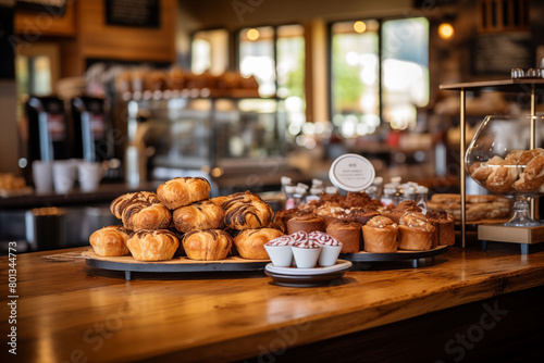 Inviting coffee shop counter with an assortment of pastries and freshly brewed coffee