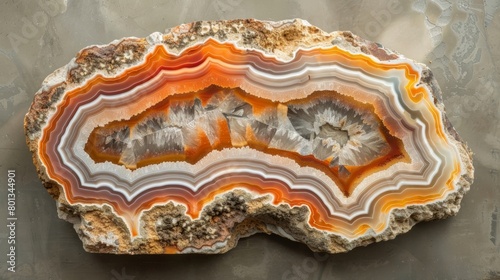 The intricate natural patterns of an agate slice highlighted by a warm and earthy color palette..