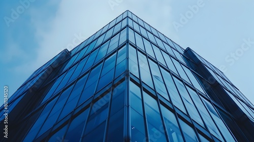 Blue Minimalist Skyscraper with Glass Facade in Urban Cityscape