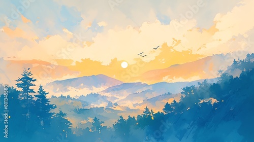 Capture a breathtaking sunrise over a serene landscape, with soft hues blending seamlessly in a watercolor style Bring out the tranquil beauty of the morning sky © Navaporn
