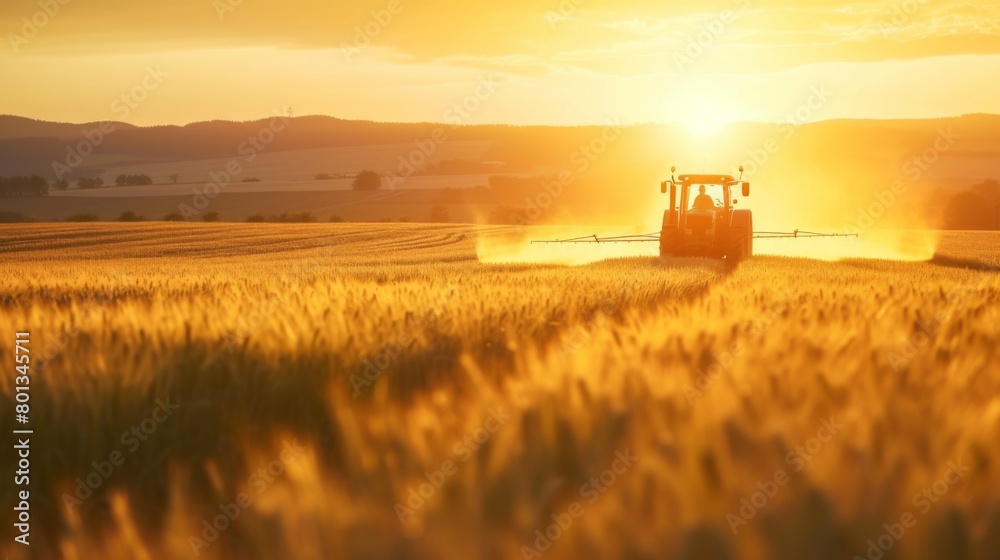 Fototapeta premium Movement of a tractor spraying wheat in a field in spring