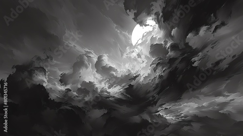 Capture the ominous essence of stormy skies in a dramatic aerial view Utilize a monochromatic palette to emphasize the turbulence and raw power of the weather Enhance the depth by photo