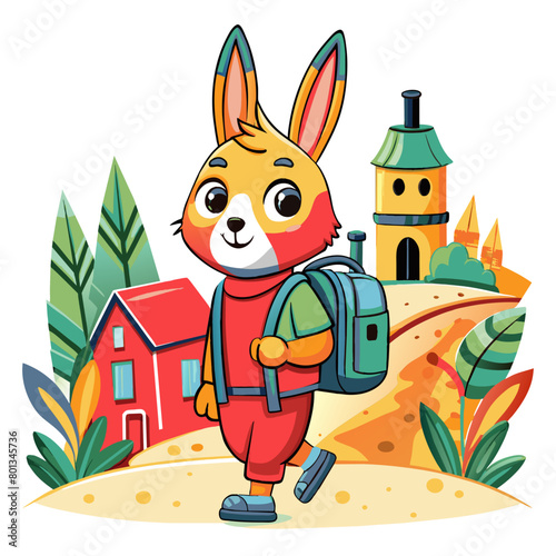 Rabbit the traveler with a backpack, wearing a t-shirt  and pants, buildings behind