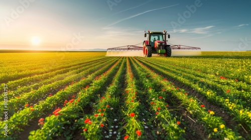 Tractor adorned with spraying equipment as it navigates through rows of wheat in a springtime field