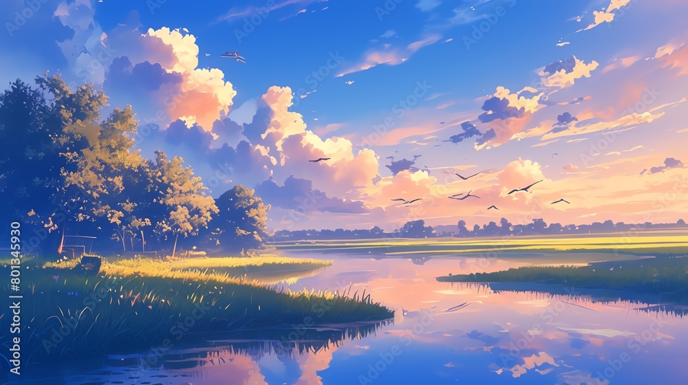 Illustrate a serene park under a sky filled with fluffy, pastel-colored clouds at midday Show a peaceful pond reflecting the skys colors, with birds flying in the distance