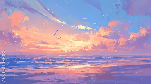 Illustrate a rear view sunrise on the beach, with cool blues and purples transitioning into soft yellows and oranges Incorporate seagulls gently flying into the awakening day #801345909