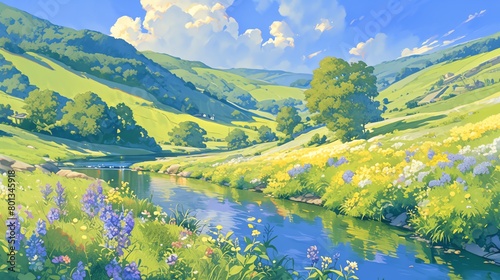 Illustrate a serene countryside landscape from a tilted angle perspective under clear blue day skies