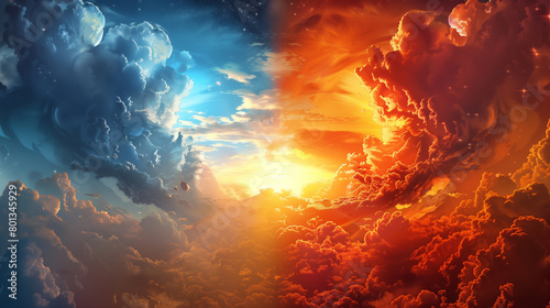 Day vs dawn, blue and orange cloudy for good vs bad or heaven vs hell concept. AI Generative photo