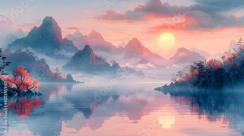 Serene Mountain Lake Sunset Reflected in Tranquil Mirrored Waters Amid Misty Ethereal Landscape