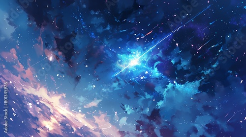 Paint a scene of a fiery meteor shower streaking through the starlit sky from a high-angle view