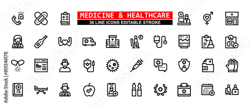 36 Medicine and Healthcare Line Icons Set Pack Editable Stroke Vector Illustration.