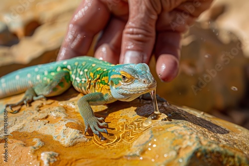 Colorful Iguana Drinking Water Dripping from a Hand, Emphasizing the Importance of Wildlife Preservation, Concept of Human-Animal Kinship and Conservation photo