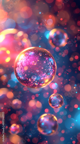 colorful abstract background with bokeh defocused lights and water drops ,background with colorful and vibrant bubbles,Rainbow soap bubbles in sunlight on a dark background © sania