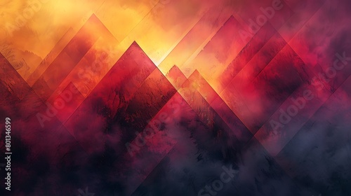 Create a high-resolution digital image featuring large geometric triangles filled with a smooth gradient of sunset colors—warm oranges, deep reds, and soft purples.