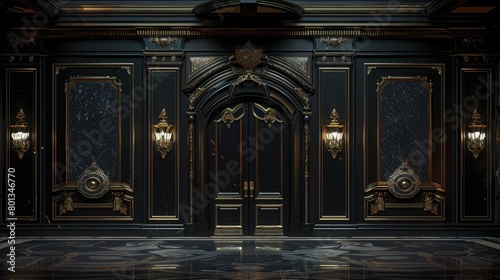 Elegance Unveiled  A Black and Gold Room Welcoming You Through a Grand Door