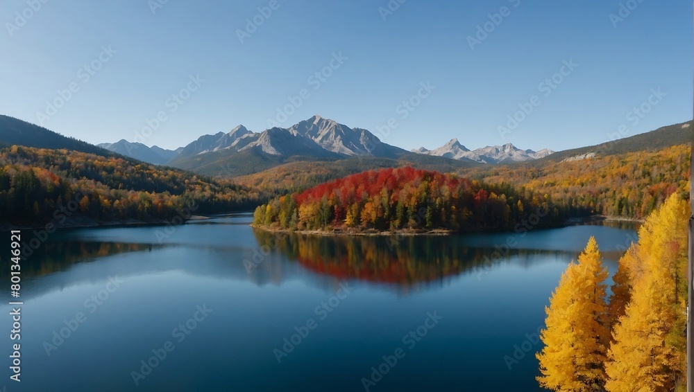 autumn lake surrounded by colorful yellow and red trees and blue sky