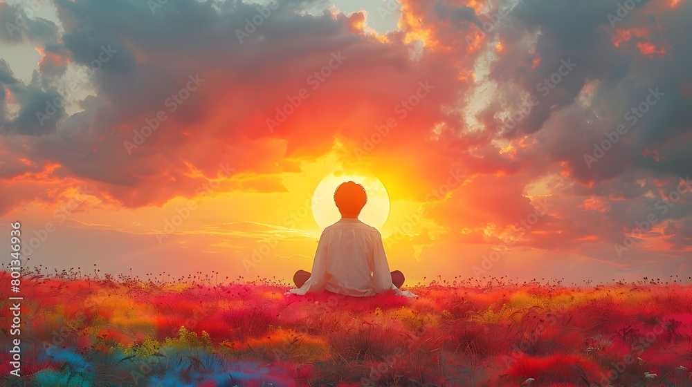 Blissful Solitude A Serene Sunset Meditation in a Vibrant Floral Meadow
