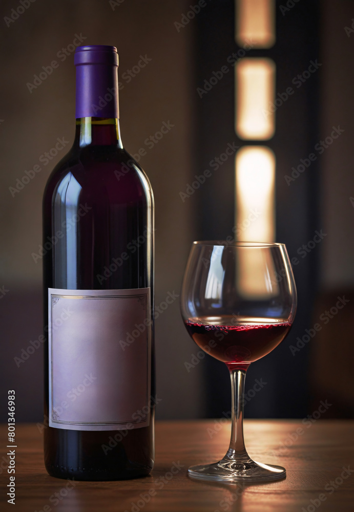 Classy And Deluxe Style Wine Bottle With Wine Glass Beside It Modern Cinematic Style With Dark And Purple Colours Clean Labels For design Or Text Copy Space 300PPI High Resolution Image