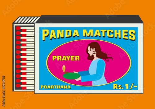Prayer, prarthana, young beautiful lady (woman) in matchbook, lighter belonging, lighter can, matchbox, matches vector illustration. Vintage, antique retro style packaging. Indian art old style design
