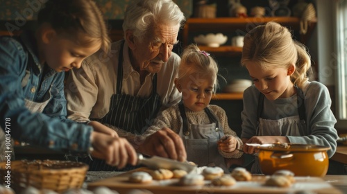 Grandparents and grandchildren baking cookies together in the kitchen