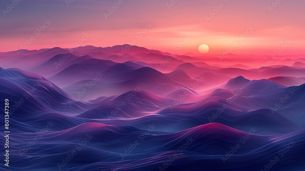 Design a digital visualization of a serene sunset over mountains, using triangles to create the silhouette of peaks in dusky purples and pinks.