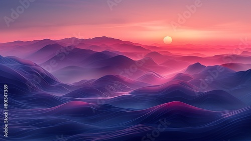 Design a digital visualization of a serene sunset over mountains, using triangles to create the silhouette of peaks in dusky purples and pinks. © LuvTK