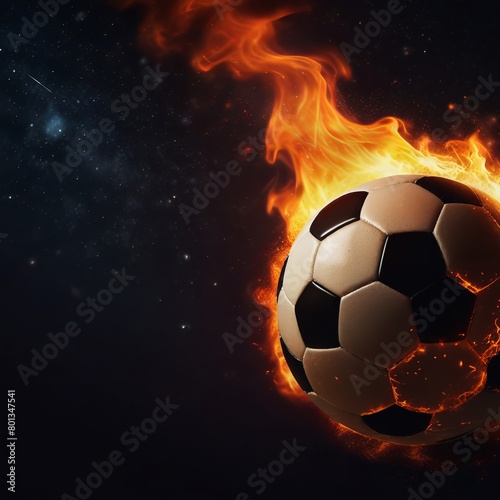Burning soccer ball flying on black background. Fire flame football ball  fiery energy game