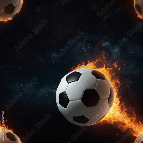 Burning soccer ball flying on black background. Fire flame football ball  fiery energy game