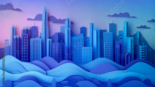 A stylized paper art cityscape with layered blue waves in the foreground, blending into a skyline of variously shaped buildings under a soft pink sky.