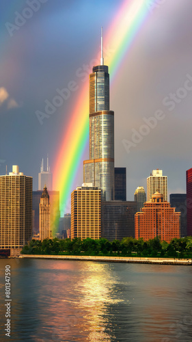 A striking rainbow beams over a city skyline  illuminating a tall skyscraper and reflecting on the water  showcasing a picturesque and vibrant urban scene.