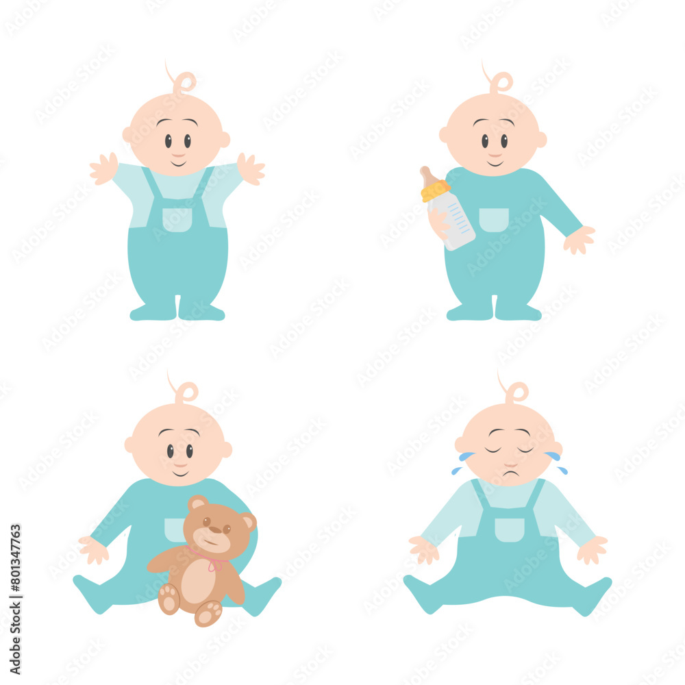 Cute baby or toddler boy in various poses for example standing, crying, sitting, crawling, crying and playing isolated on white background. vector illustration